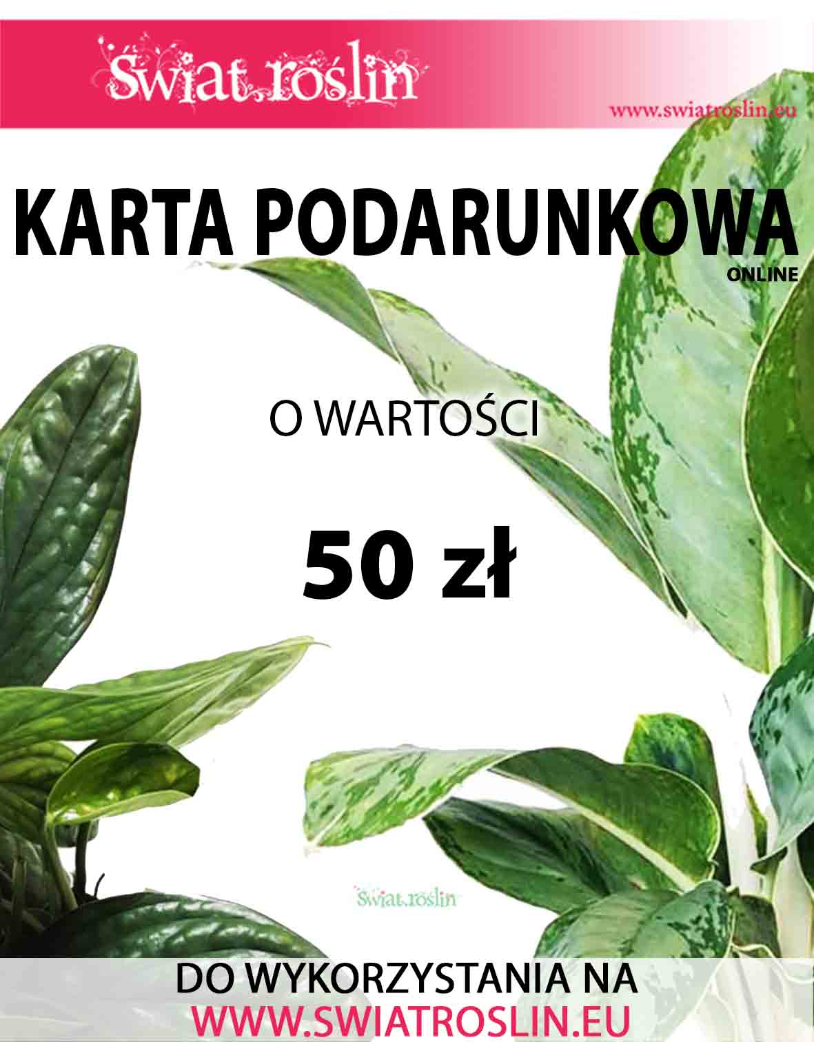 Karta podarunkowa na rośliny, Bon na rośliny, Voucher na rośliny doniczkowe, sklep online, 50 zł
